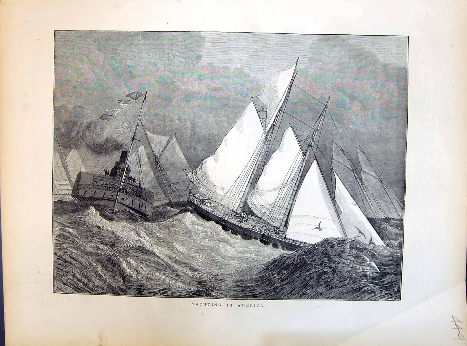 Original Old Antique Print 1871 Yachting America Stormy Sea Sailing Ships Boats