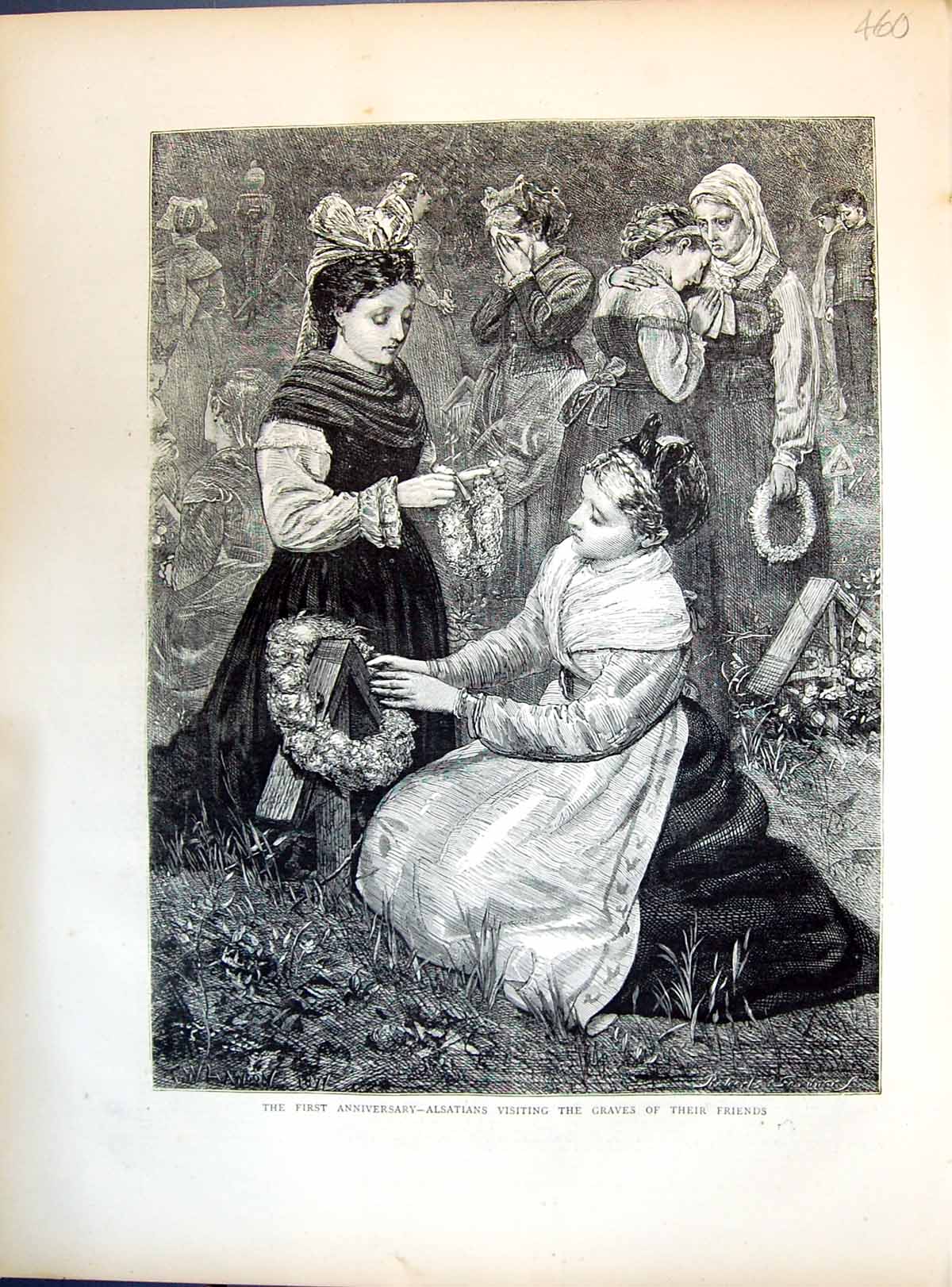 Antique Print 1871 Alsatians Visiting Graves Friends Crying Women Graveyard