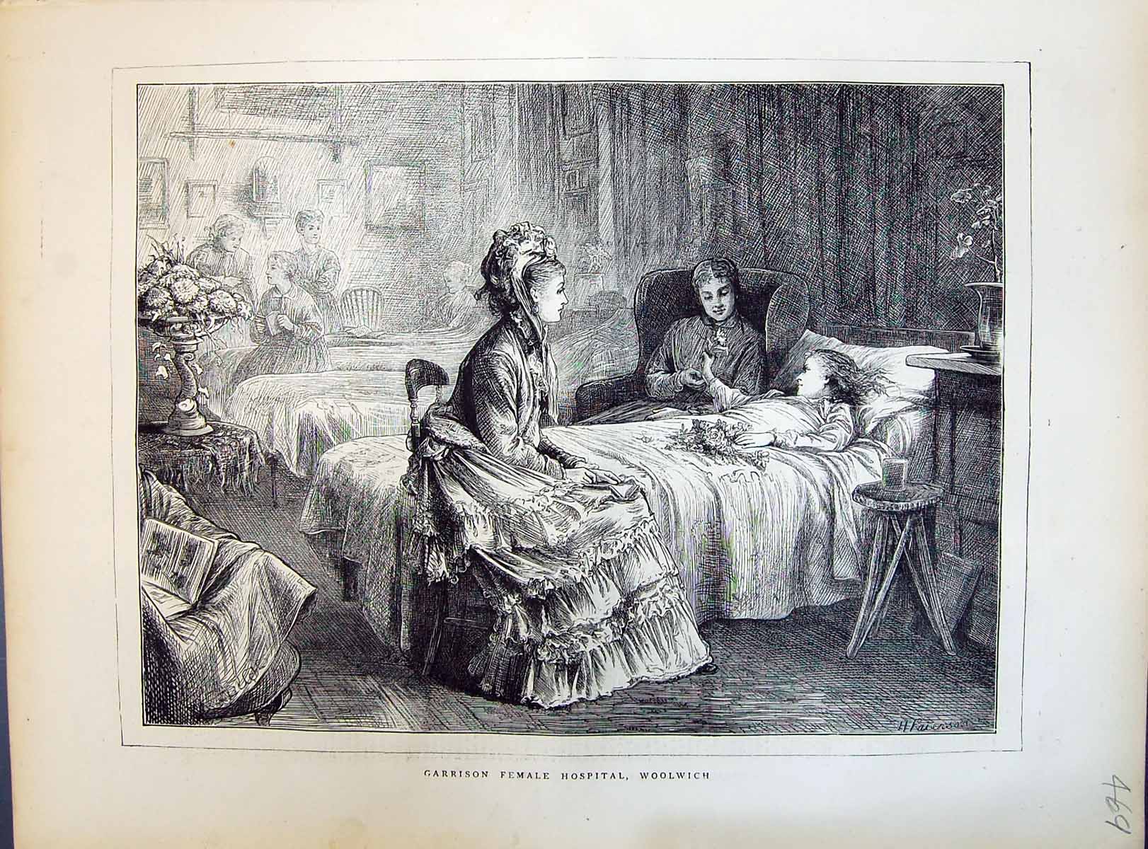 Antique Print 1871 Scene Garrison Female Hospital Woolwich Patient Ward Bed