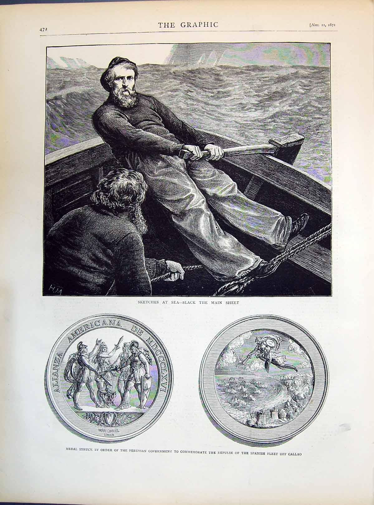 Old 1871 Sketches Sea Slack Main Sheet Fishing Boat Medal Peruvian Go Victorian