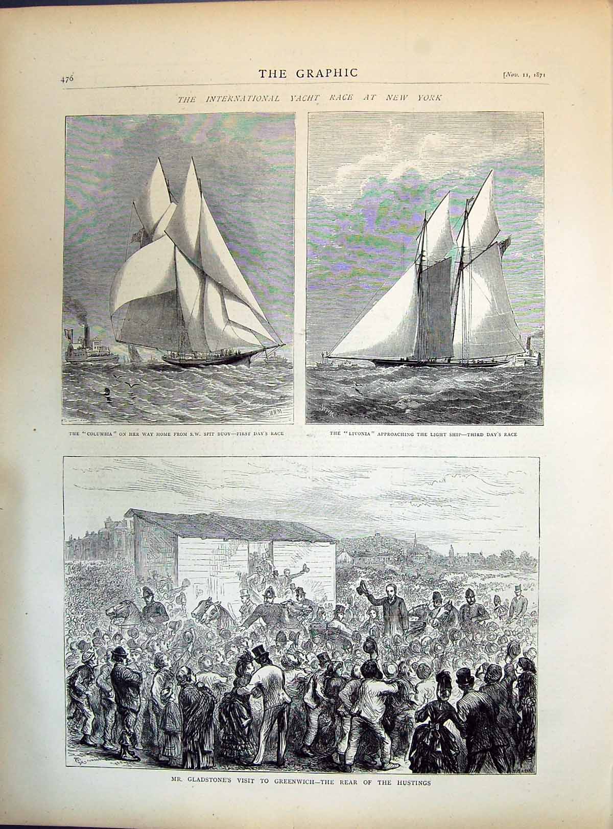 Old 1871 Yacht Race New York Columbia Spit Buoy Livonia Gladtsone Gre Victorian