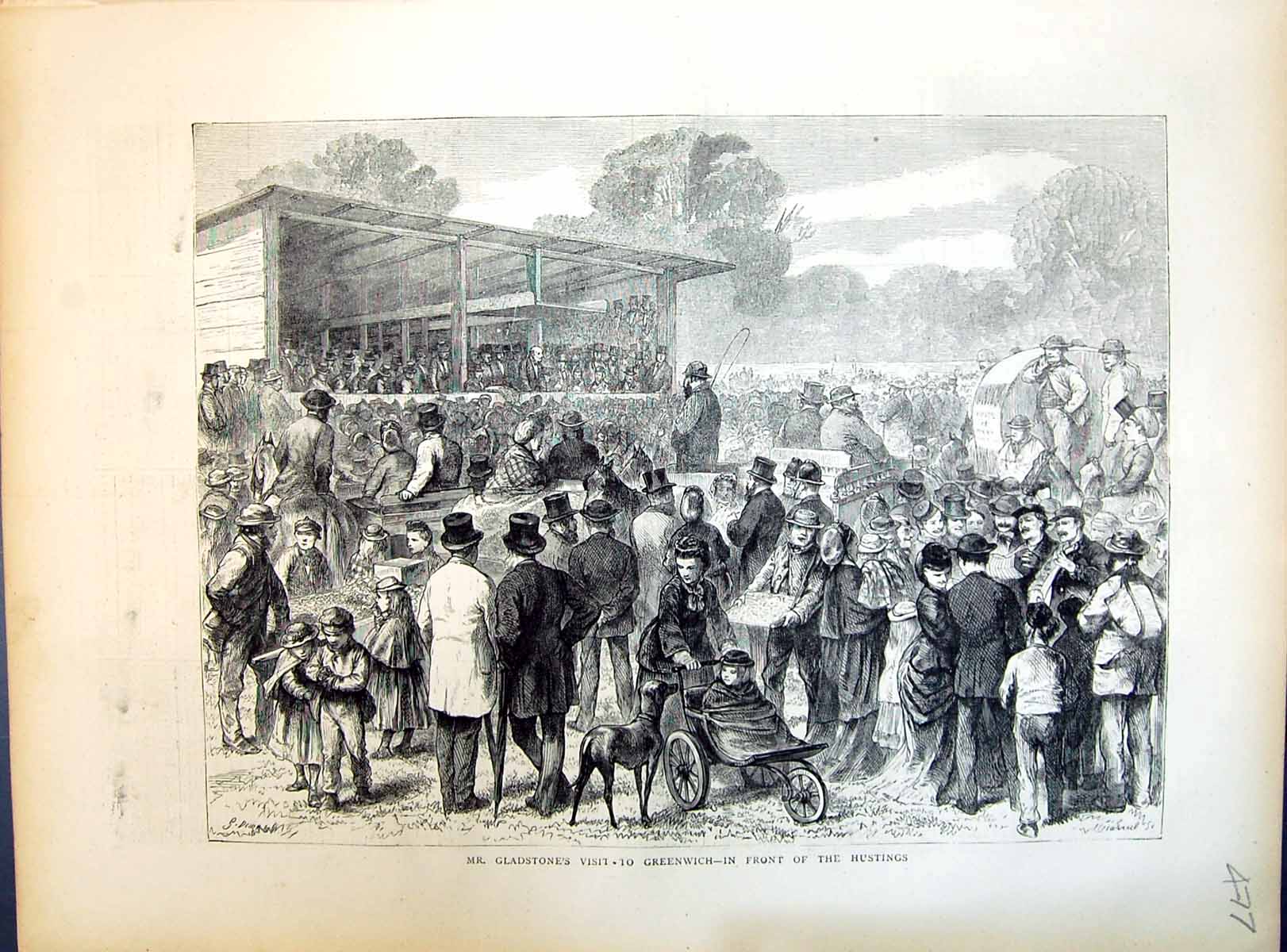 Original Old Antique Print 1871 Scene Mr Gladstone Visit Greenwich Hustings