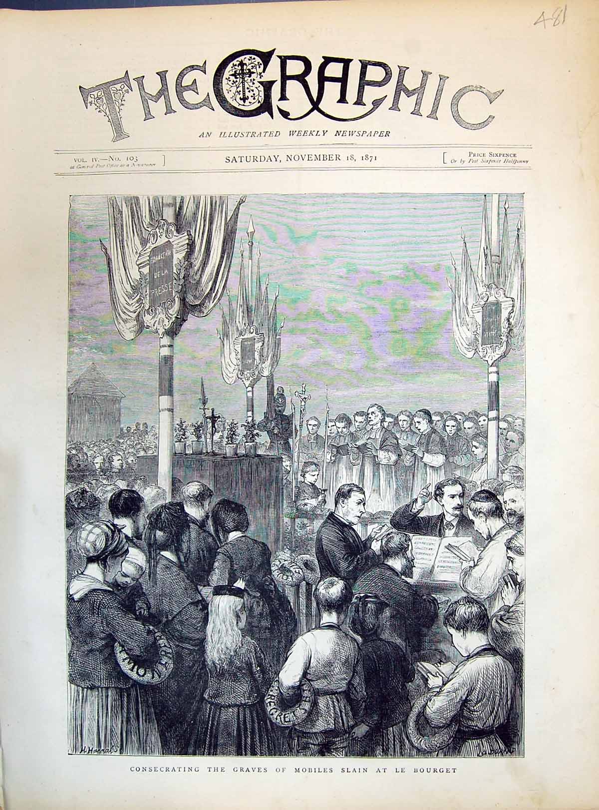 Original Old Antique Print 1871 Consecrating Graves Mobiles Slain Bourget 19th
