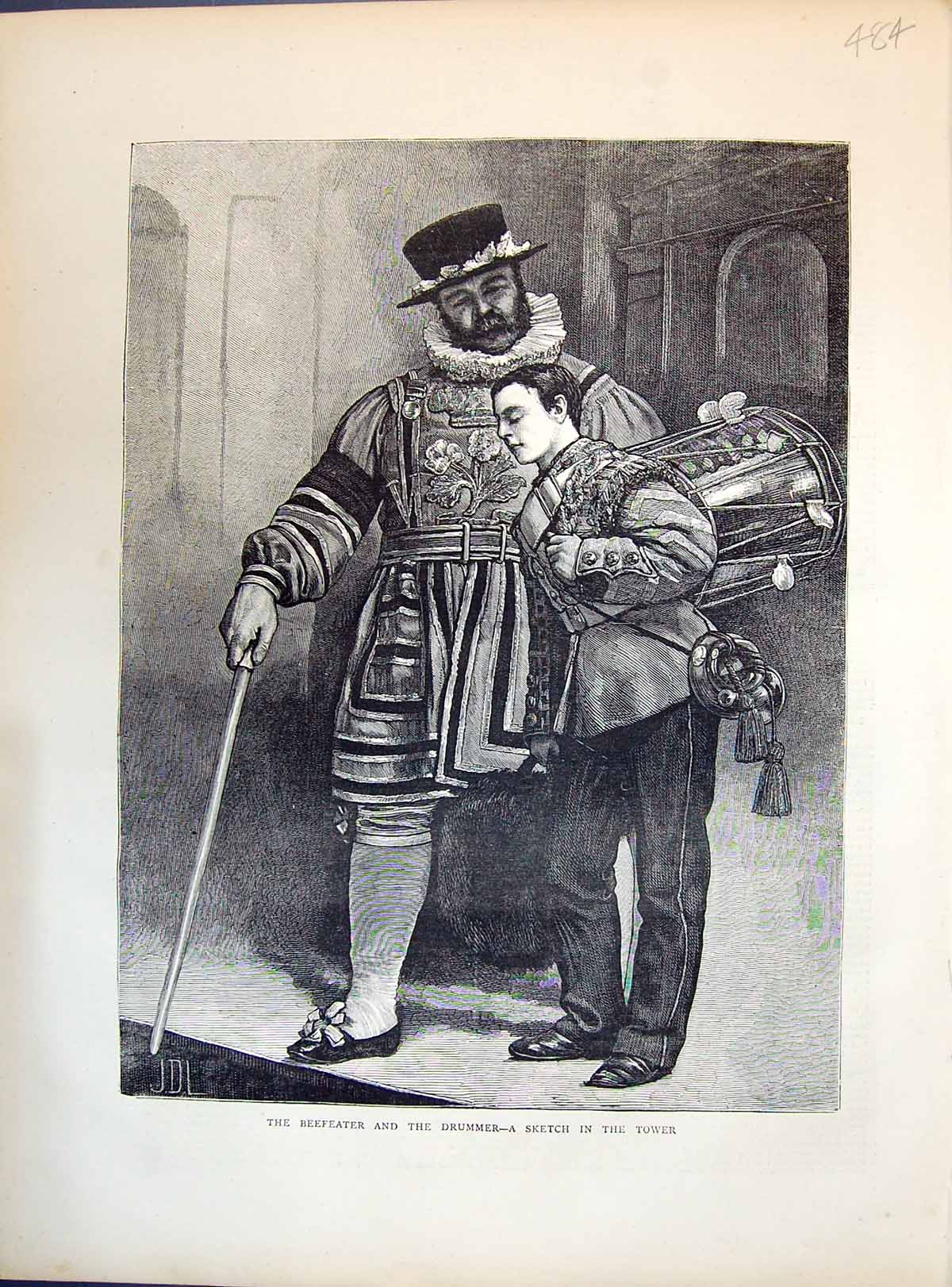 Original Old Antique Print 1871 Beefeater Drummer Tower London England 19th