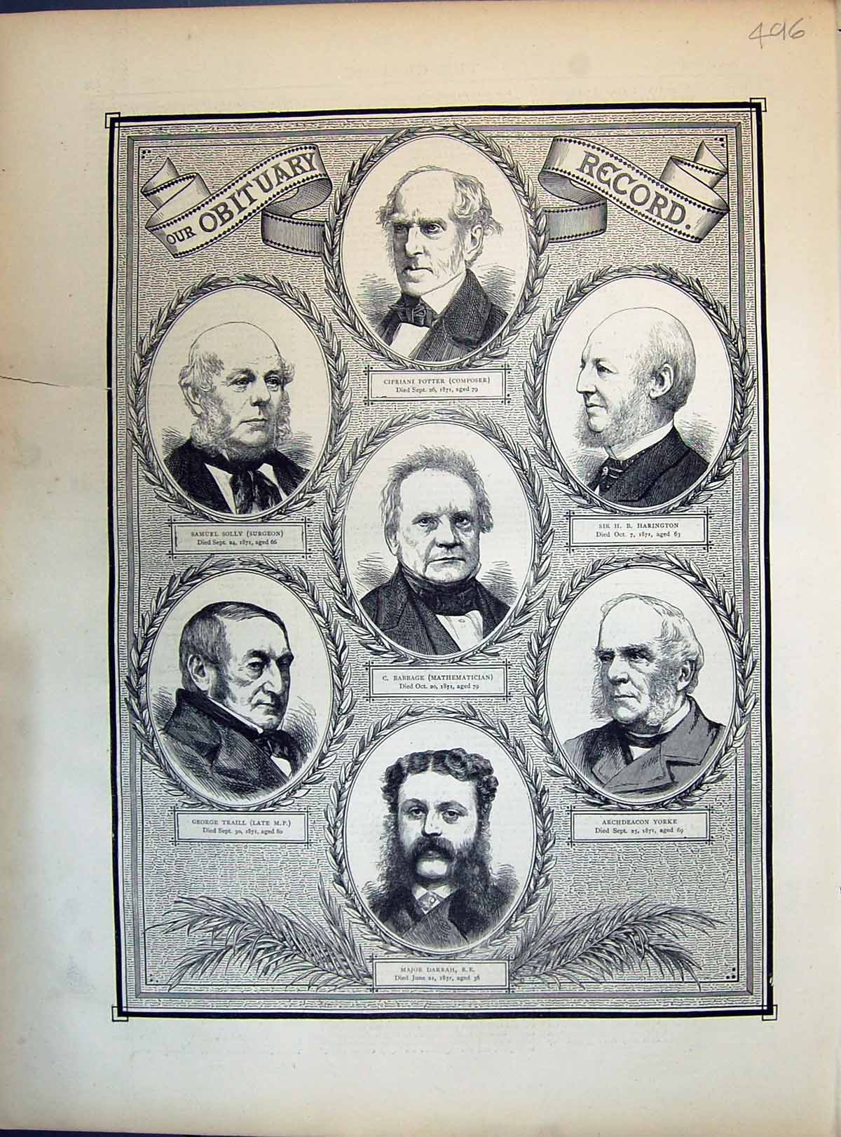 Old 1871 Obituary Potter Babbage Solly Traill Darrah Yorke Harington Victorian