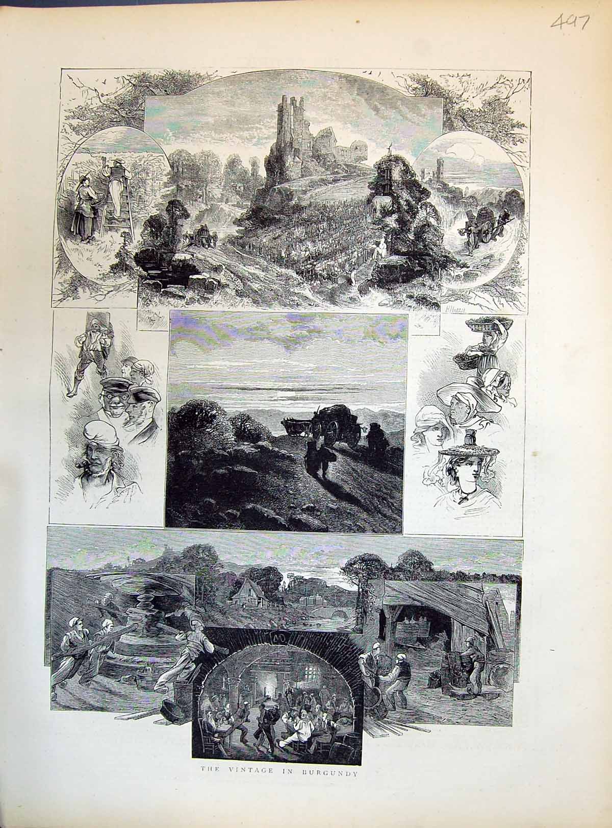 Antique Print 1871 Burgundy Wine Growing France Grapes Horse Cart Industry 19th