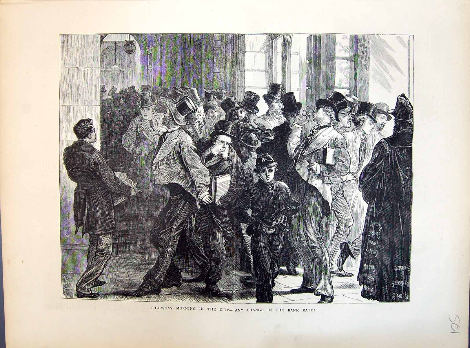 Original Old Antique Print 1871 Thursday Morning Scene City Bankers Bank Rate