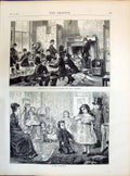 Antique Old Print 1871 Telegraph Street Boys Kitchen Children Acting Charades