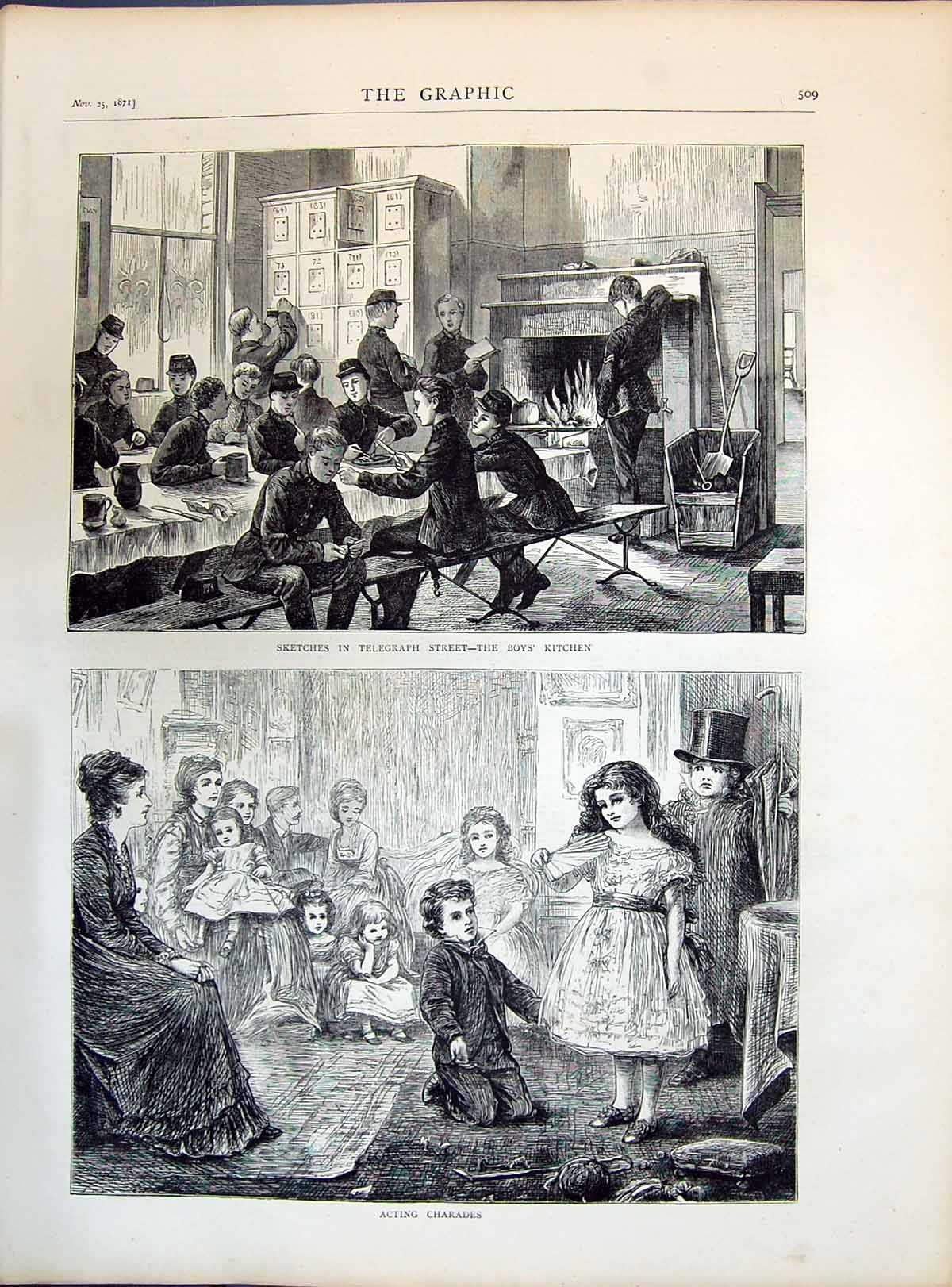 Antique Old Print 1871 Telegraph Street Boys Kitchen Children Acting Charades