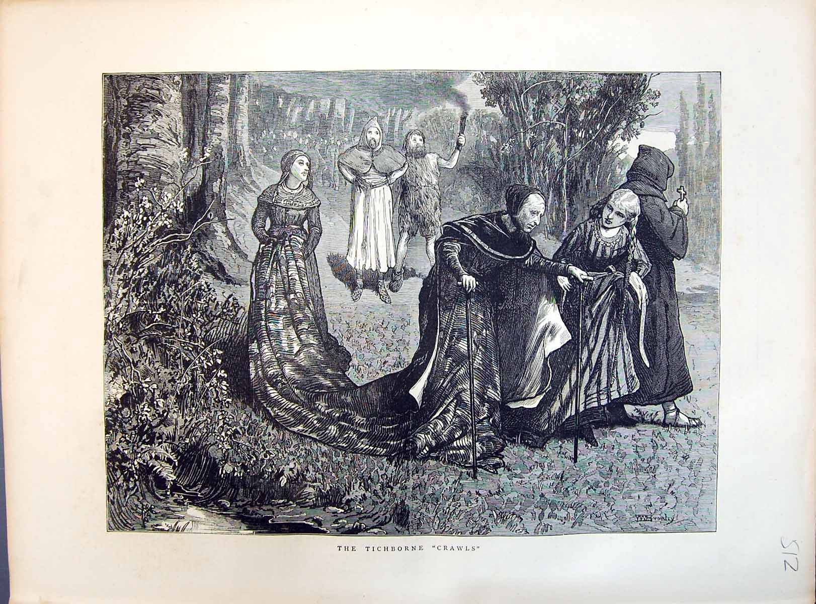 Original Old Antique Print 1871 Tichborne Crawls Lady Forest Scene Monk 19th