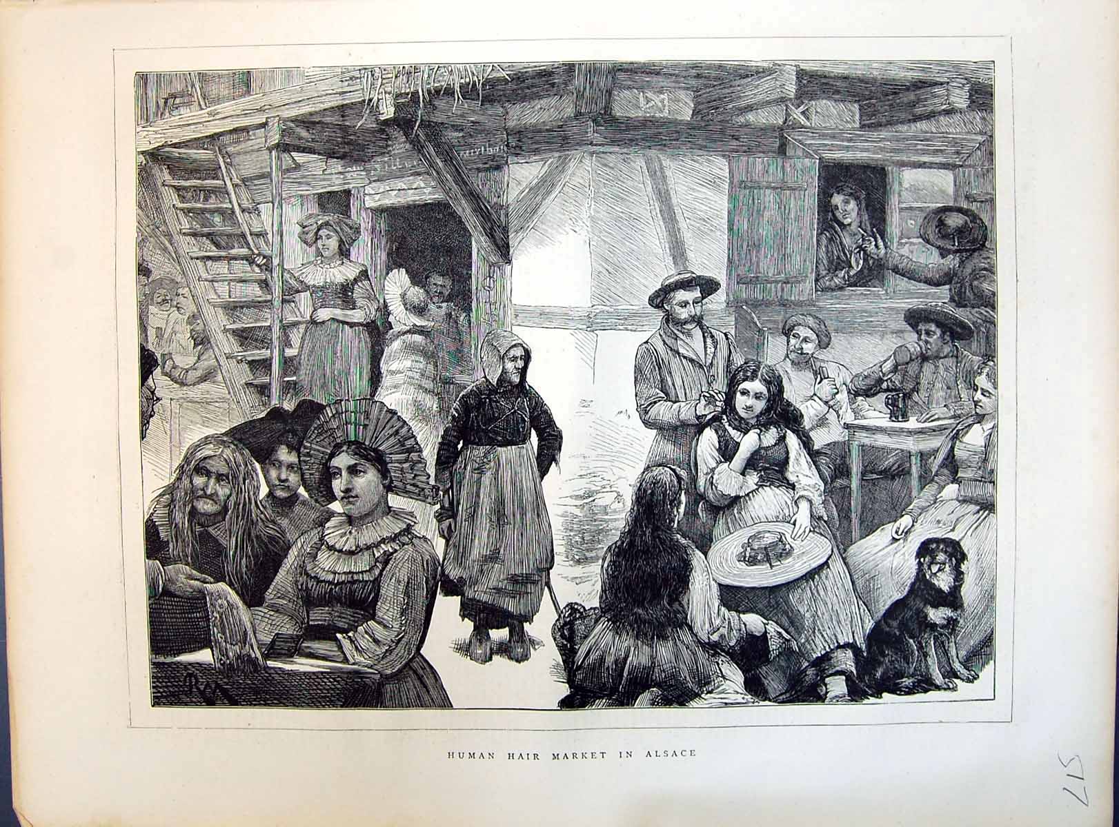 Original Old Antique Print 1871 Human Hair Market Alsace France Industry 19th
