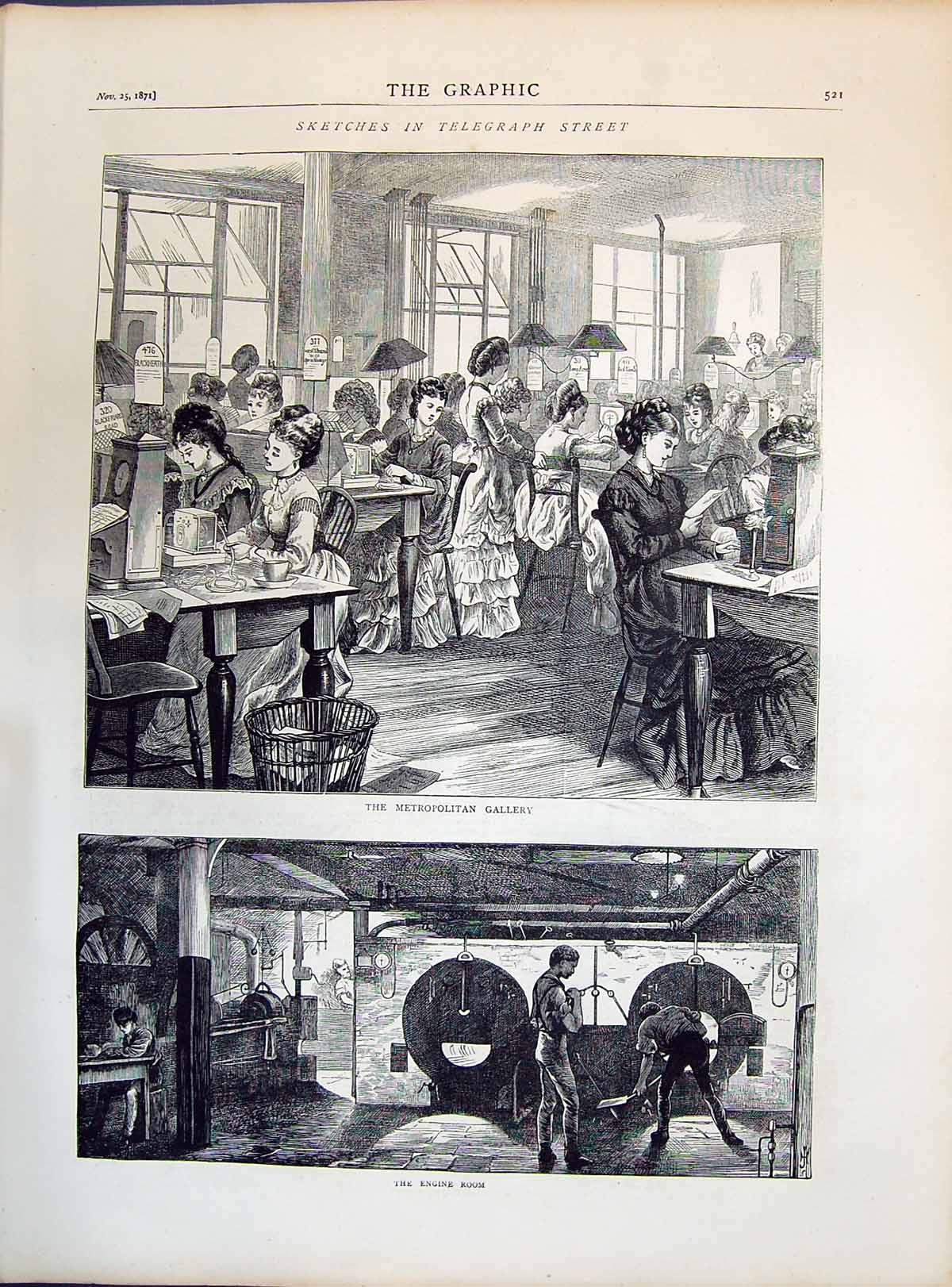 Old Antique Print 1871 Telegraph Street Metropolitan Gallery Engine Room 19th