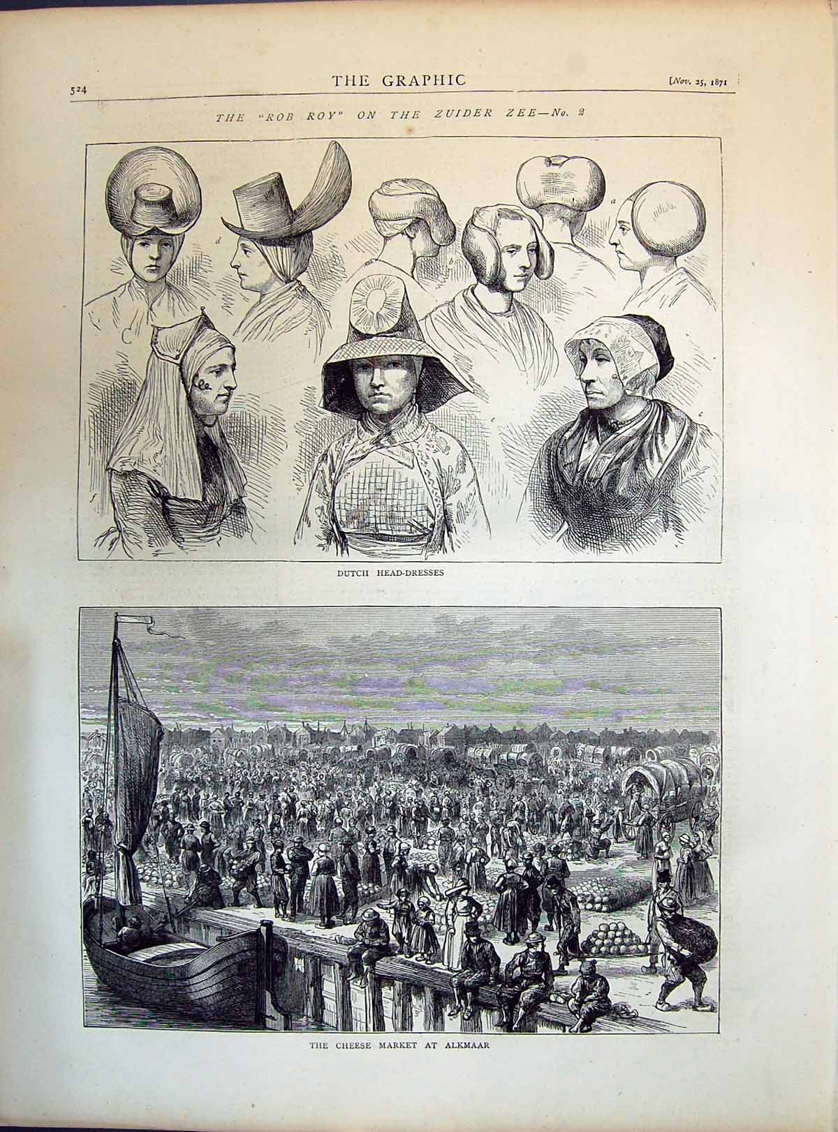 Old 1871 Rob Roy Zuider Zee Dutch Head-Dresses Chinese Market Alkmaar Victorian