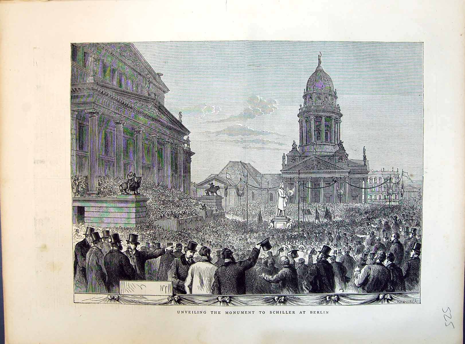 Old Antique Print 1871 Scene Unveiling Monument Schiller Berlin Germany 19th