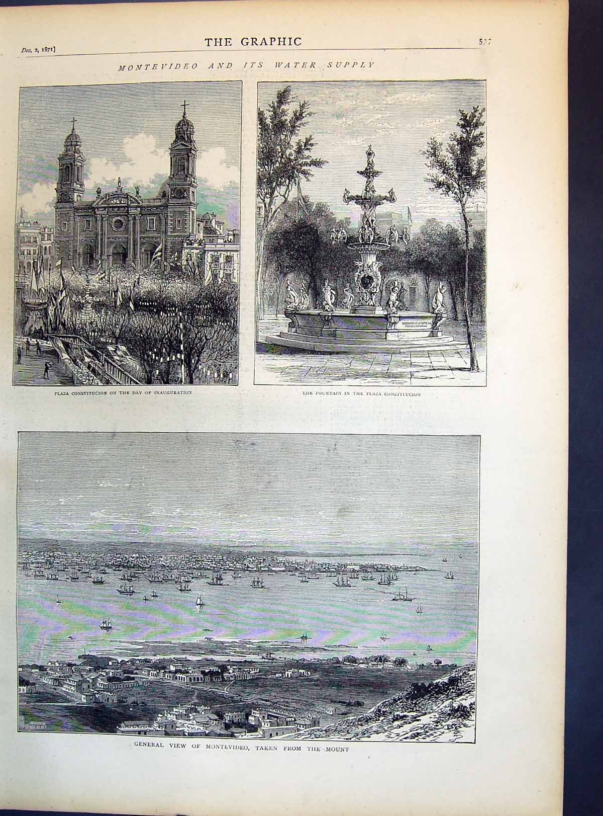 Antique Print 1871 Montevideo Water Cupply Plaza Consitution Fountain Ships