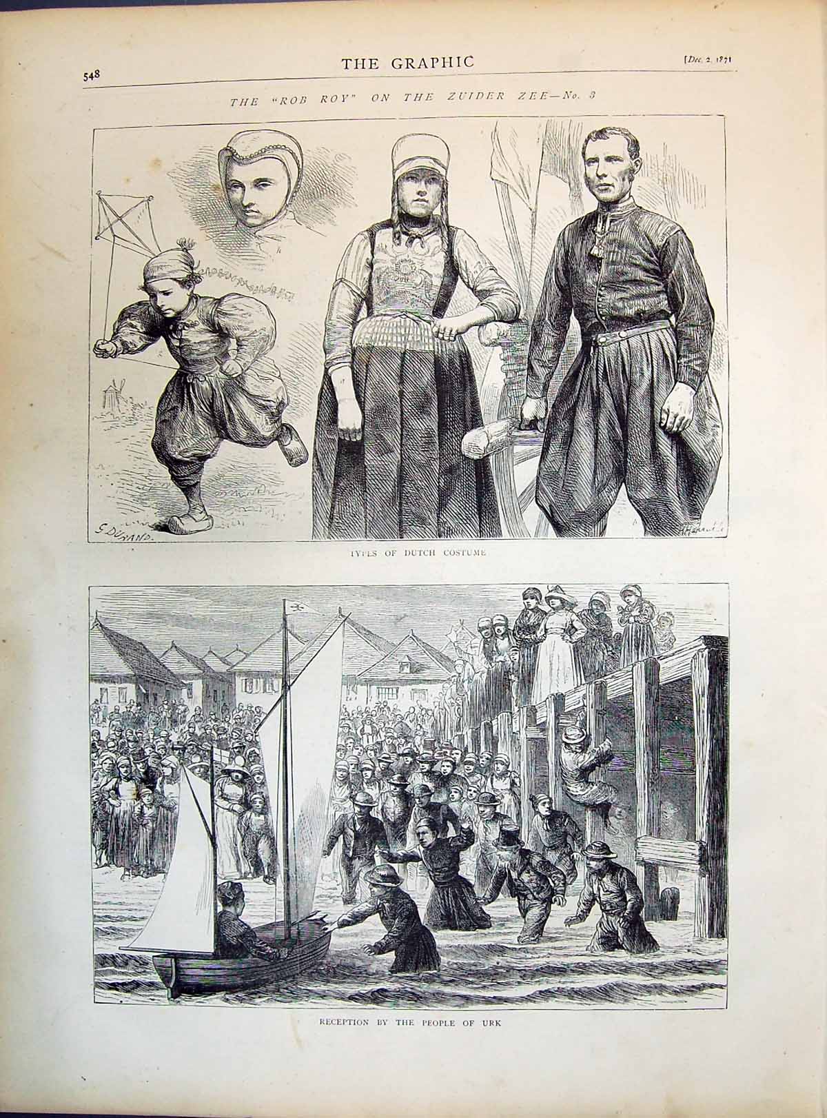 Antique Old Print 1871 Rob Roy Zuider Zee Dutch Costume Reception People Urk
