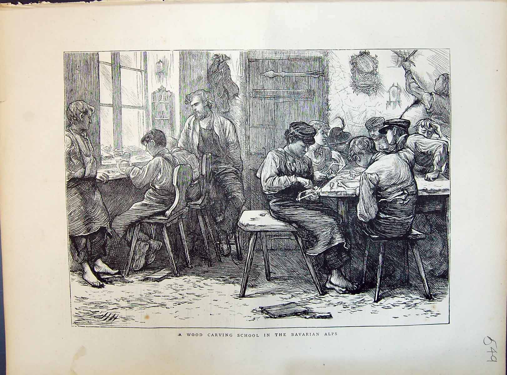 Original Old Antique Print 1871 Scene Wood Carving School Bavarian Alps 19th