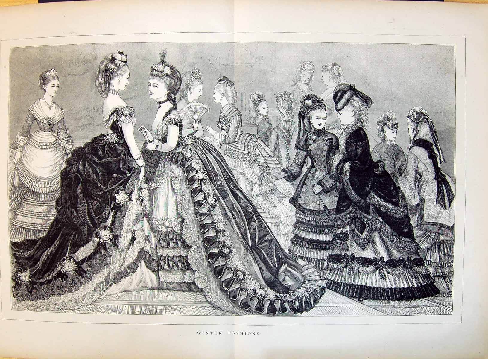 Antique Old Print 1871 Ladies Winter Fashion Dresses Gowns Beautiful Women