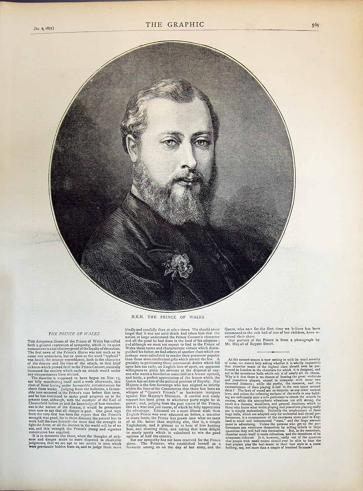 Original Old Antique Print 1871 Portrait His Royal Highness Prince Wales 19th