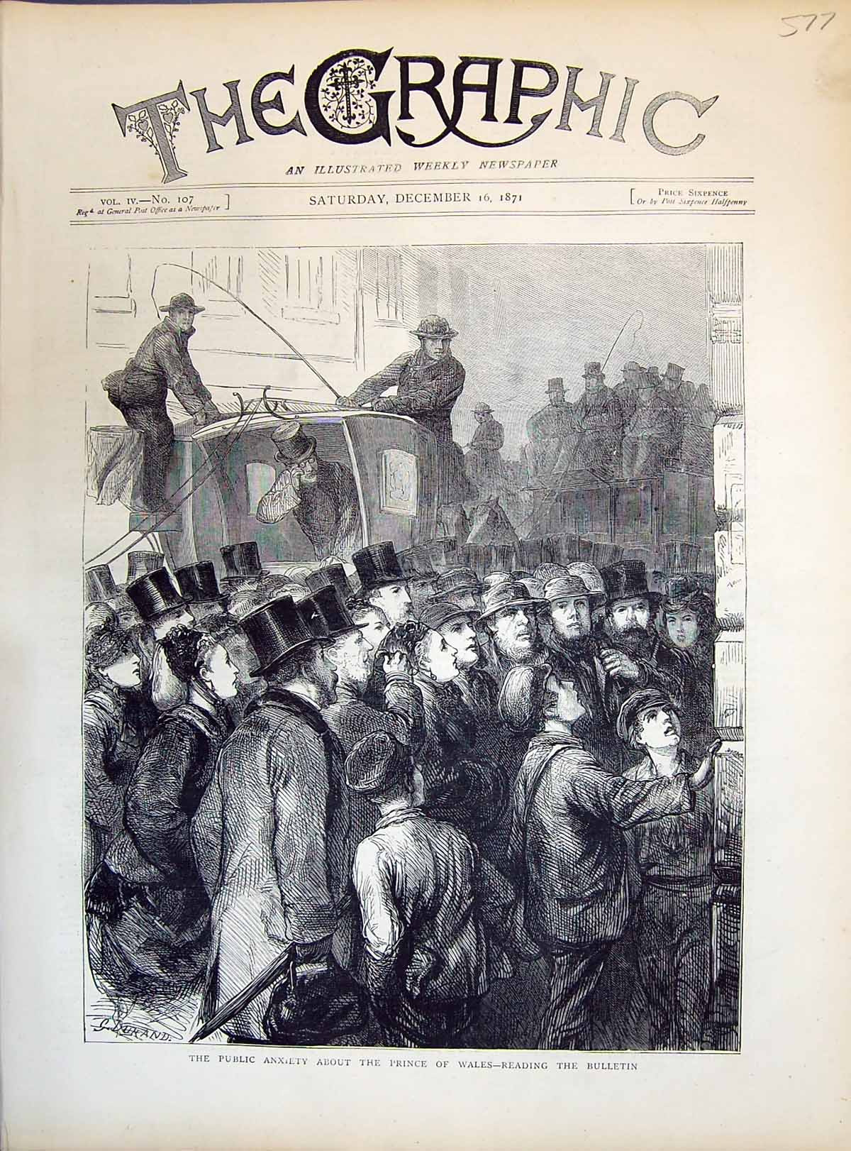 Old 1871 Street Scene Public Anxiety Prince Wales People Reading Bull Victorian