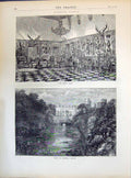 Original Old Antique Print 1871 Warwick Castle Great Hall Exterior River Bridge
