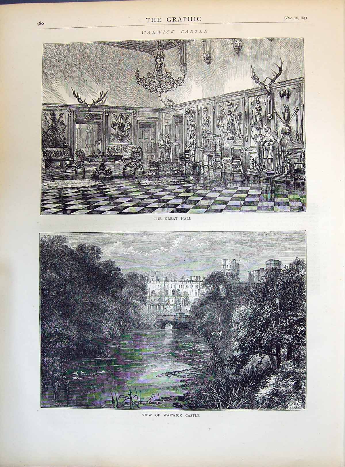 Original Old Antique Print 1871 Warwick Castle Great Hall Exterior River Bridge