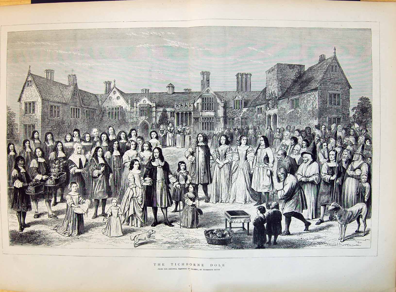 Antique Old Print 1871 Tichborne Dole House Animals Children Mansion Tilberg