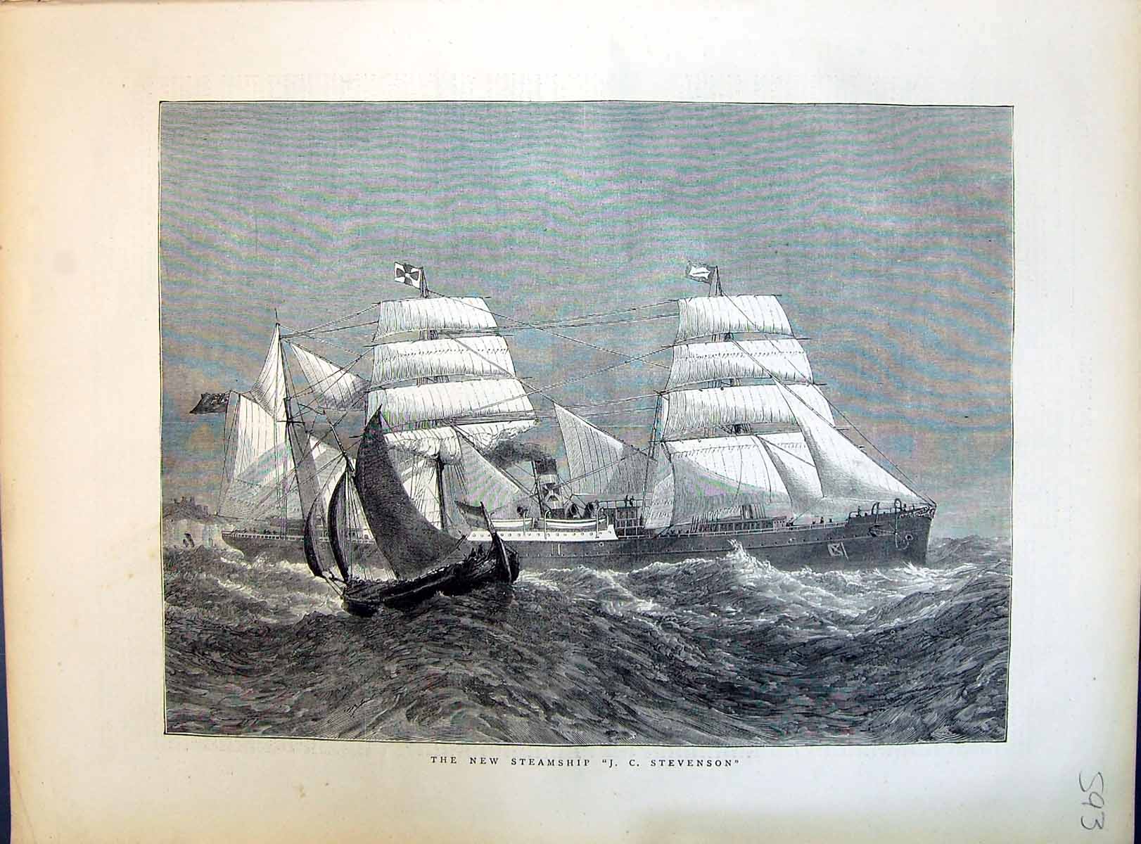 Original Old Antique Print 1871 New Steam Ship Stevenson Sailing Sea Victorian