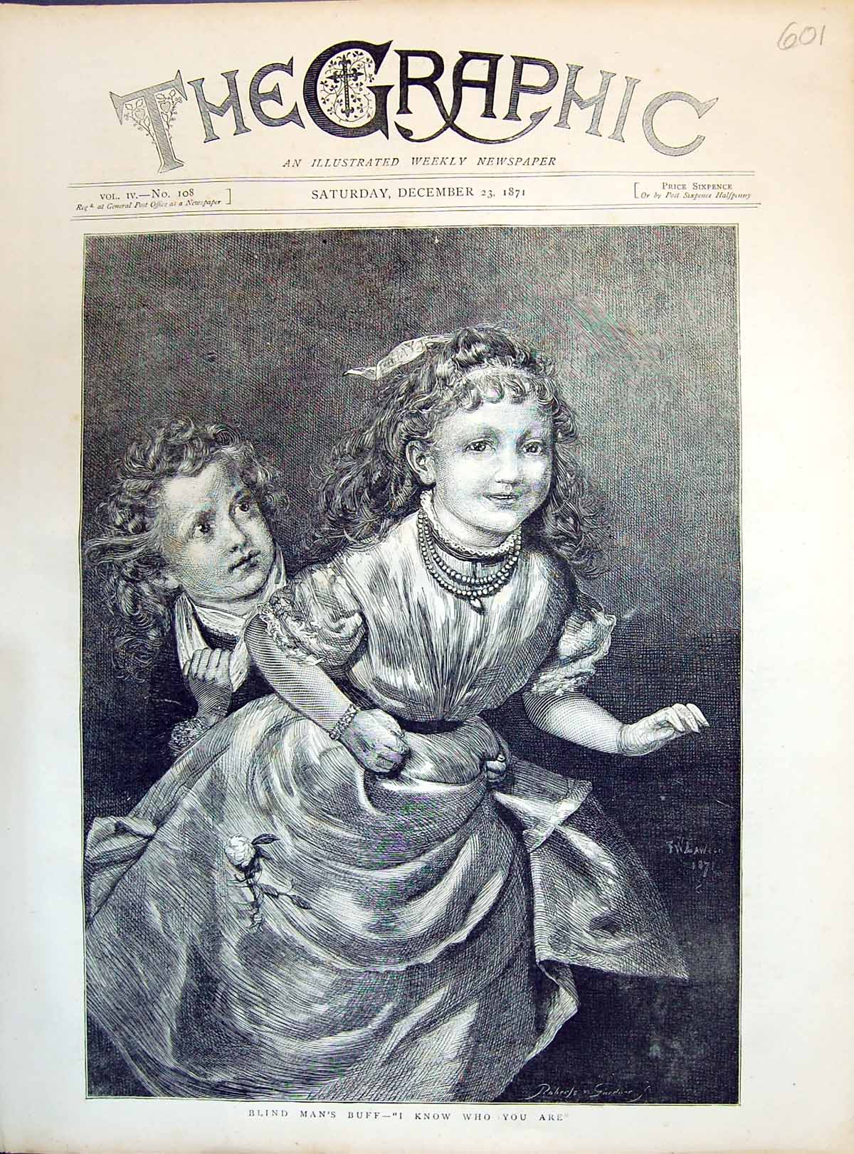 Original Old Antique Print 1871 Blind Man'S Buff Children Playing Game 19th