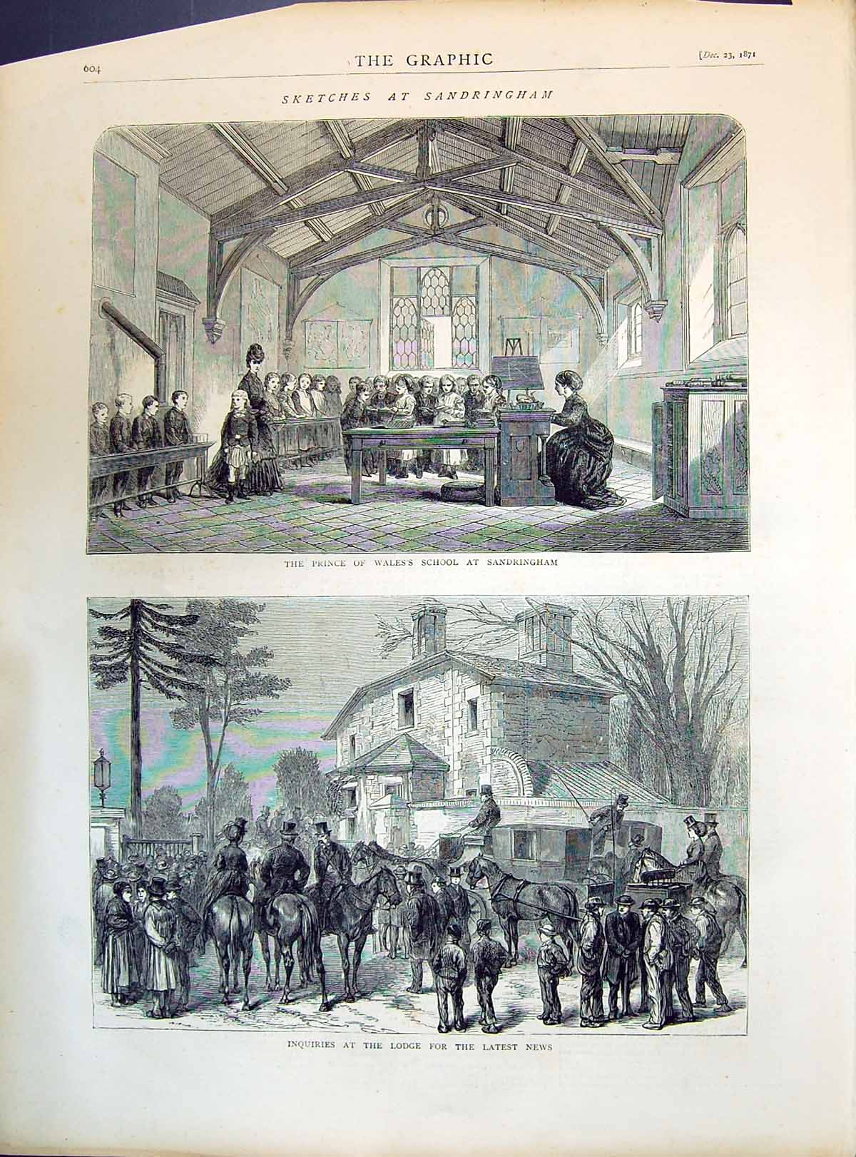 Original Old Antique Print 1871 Sandringham Prince Wales School Exterior Lodge