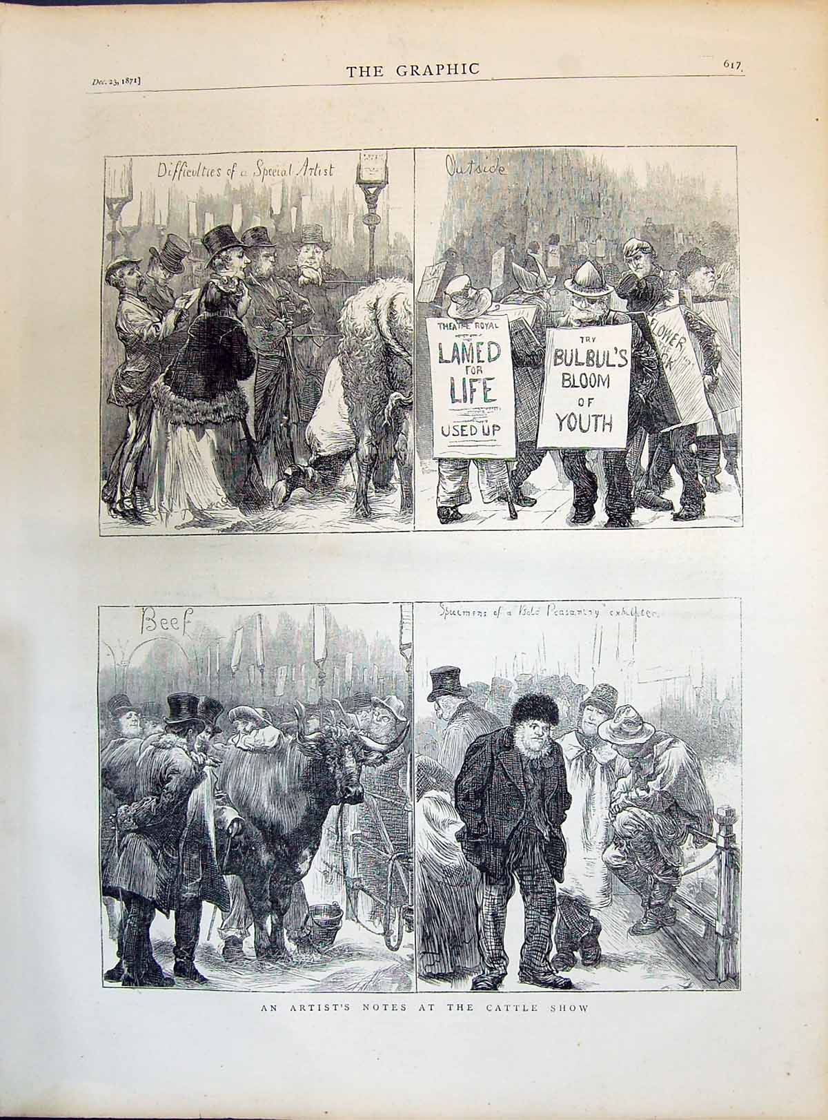 Old Print 1871 Cattle Show Beef Cattle Peasants Exhibitors Artist Sketch 19th