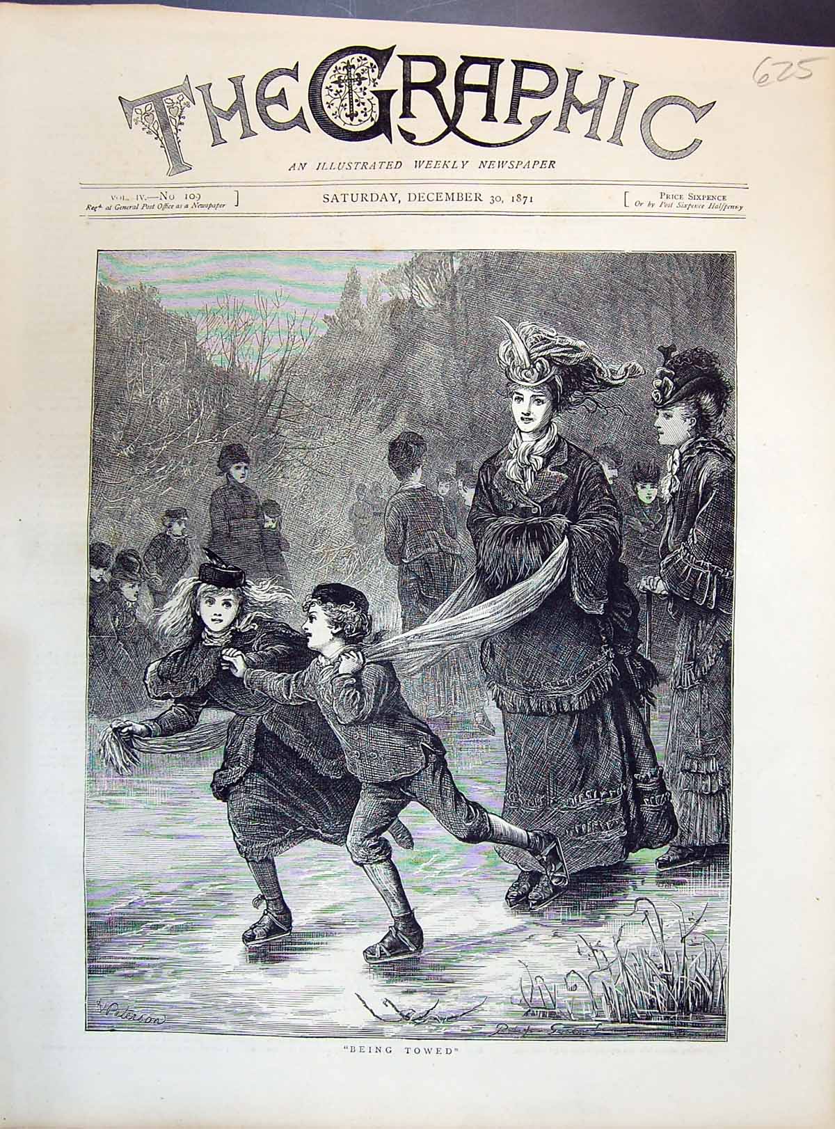 Old Antique Print 1871 Ice Skating Winter Amusement Children Pulling Mum 19th