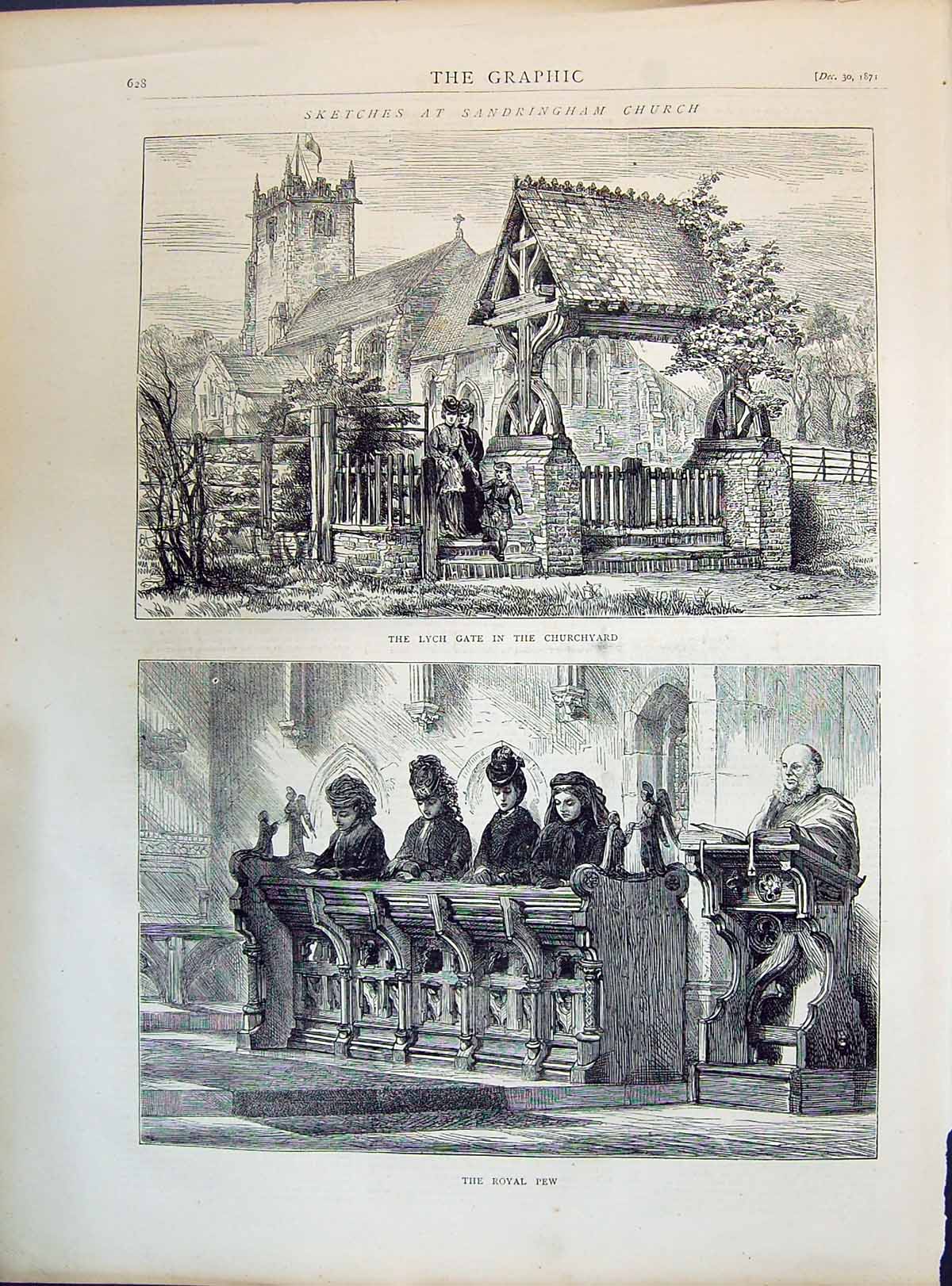 Old Antique Print 1871 Sandringham Church Lych Gate Churchyard Royal Pew 19th