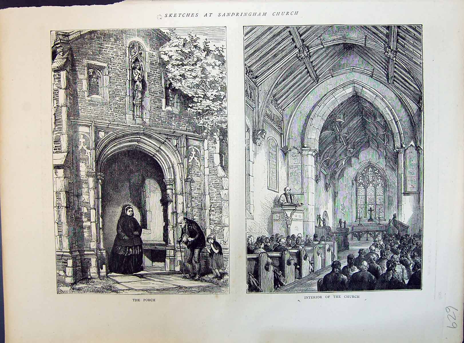 Original Old Antique Print 1871 Sandringham Church Porch Interior Victorian