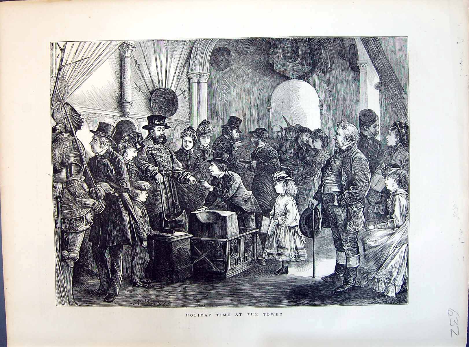 Original Old Antique Print 1871 Holiday Tourists Tower London England Victorian