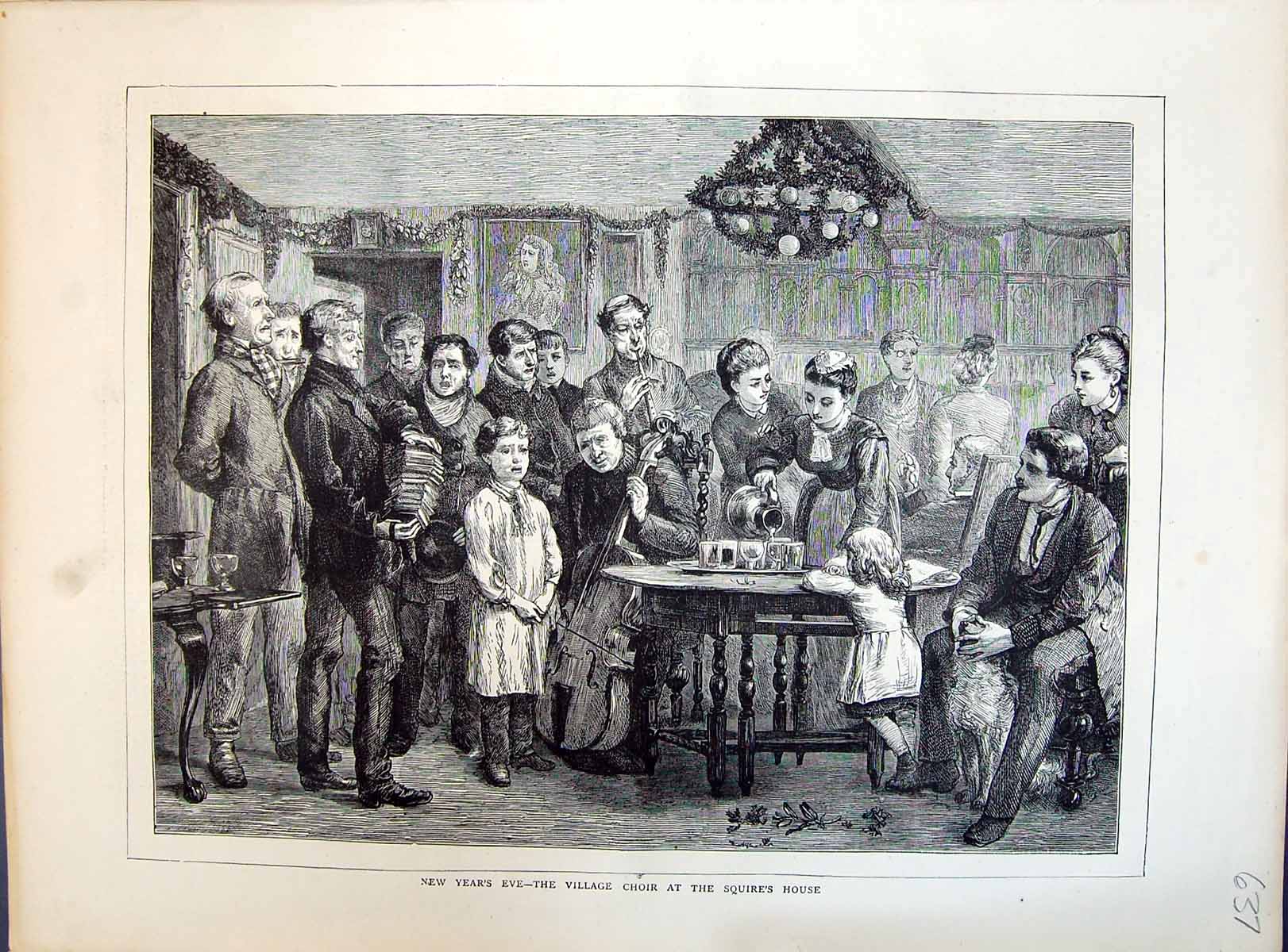 Old 1871 New Years Eve Scene Village Choir Squire'S House Family Ente Victorian