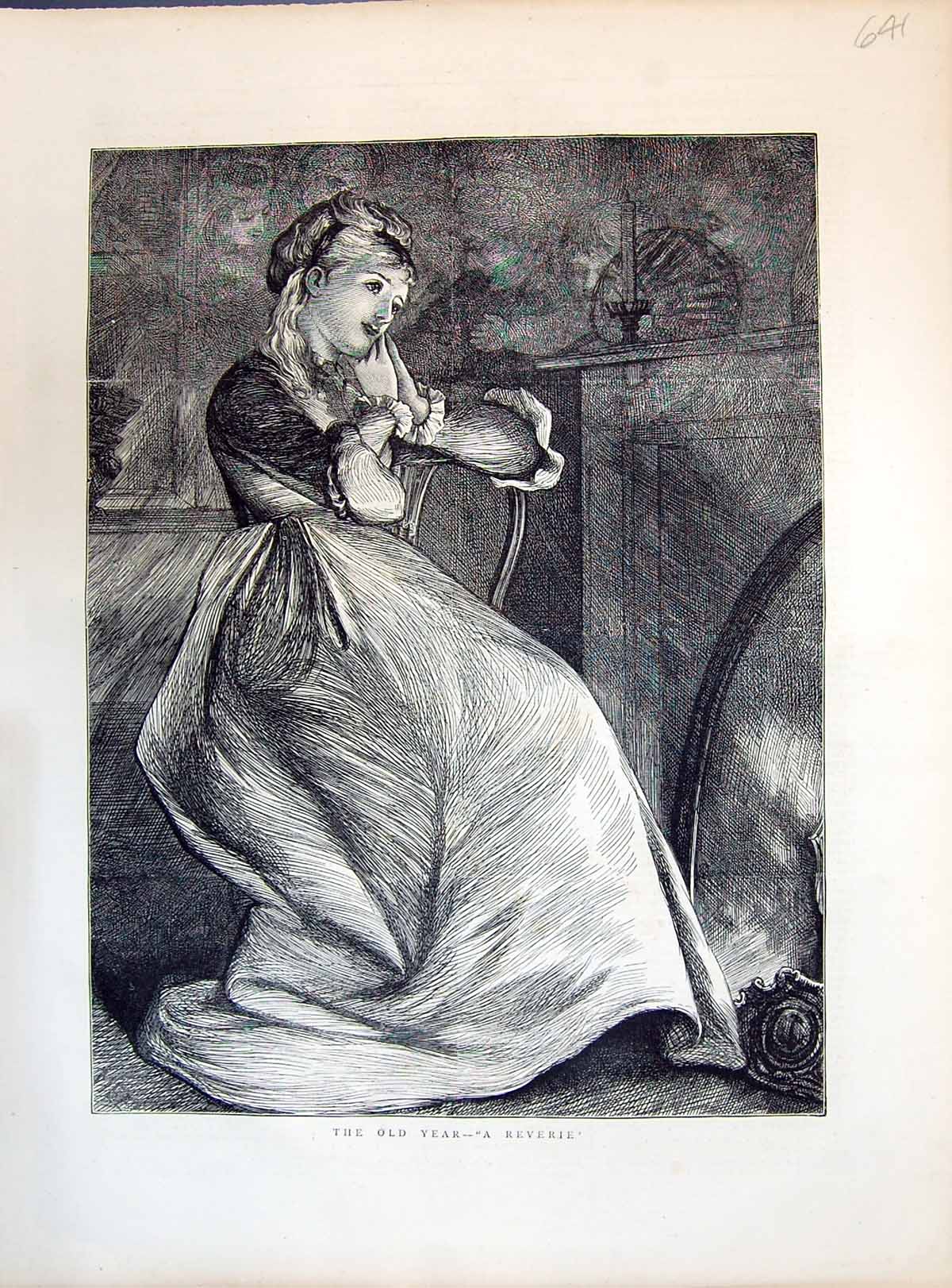 Old Antique Print 1871 Year Beautiful Woman Home Fireside Scene Reverie 19th