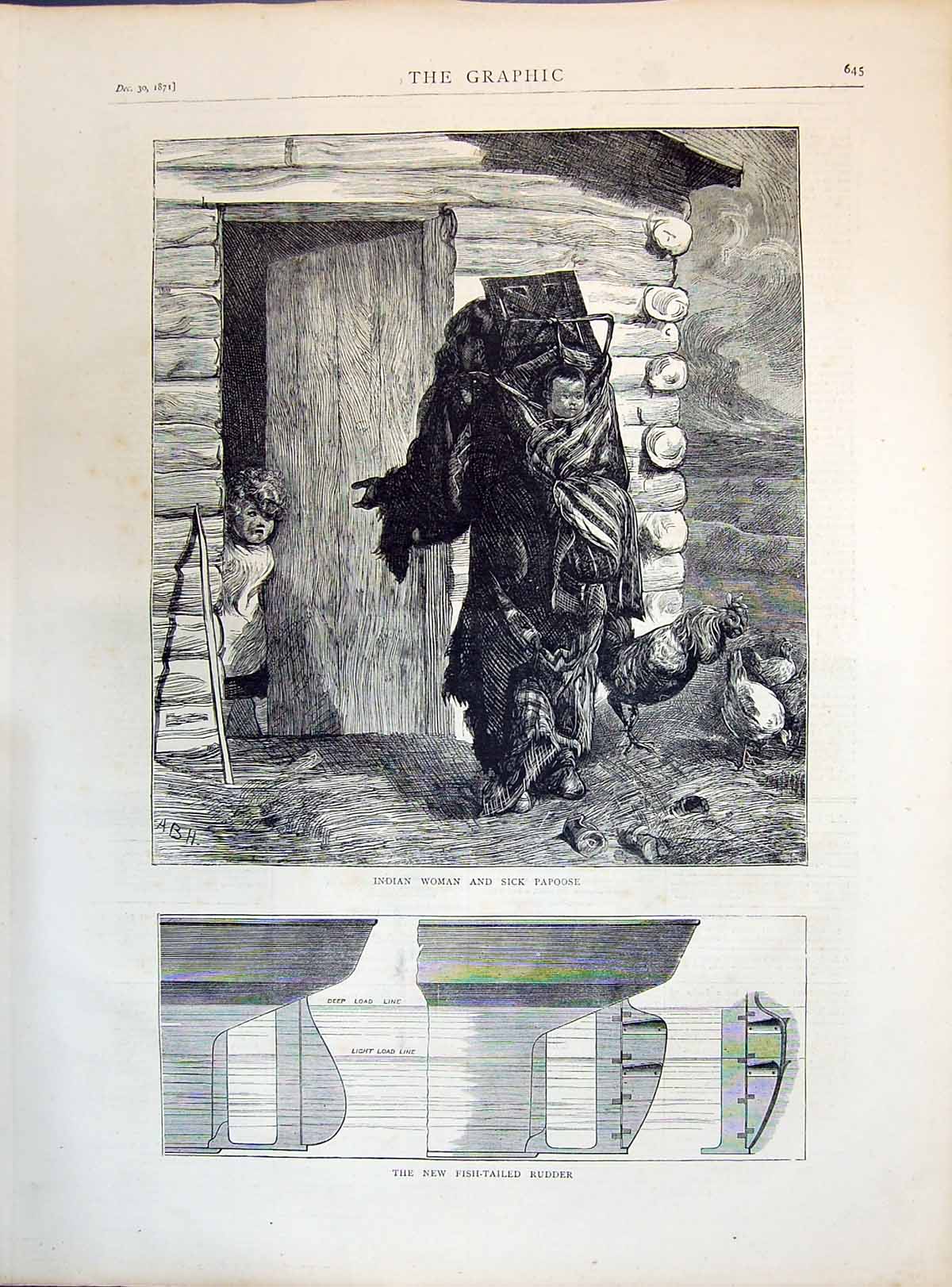Old 1871 Indian Woman Sick Papoose Family Home Fish-Tailed Rudder Shi Victorian