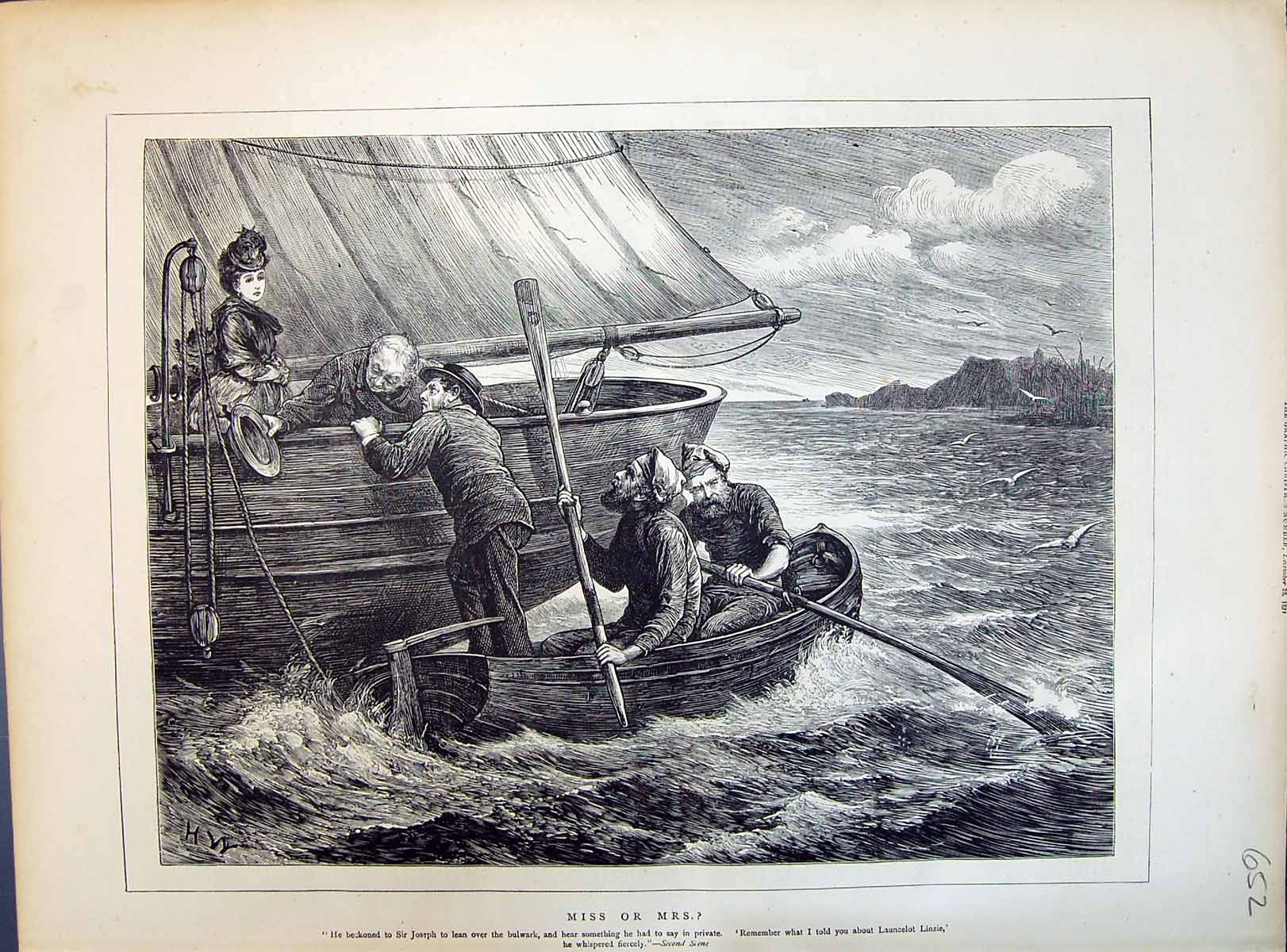 Antique Old Print 1871 Miss Or Mrs Sir Joseph Linzie Sea Rescue Sailing Boat