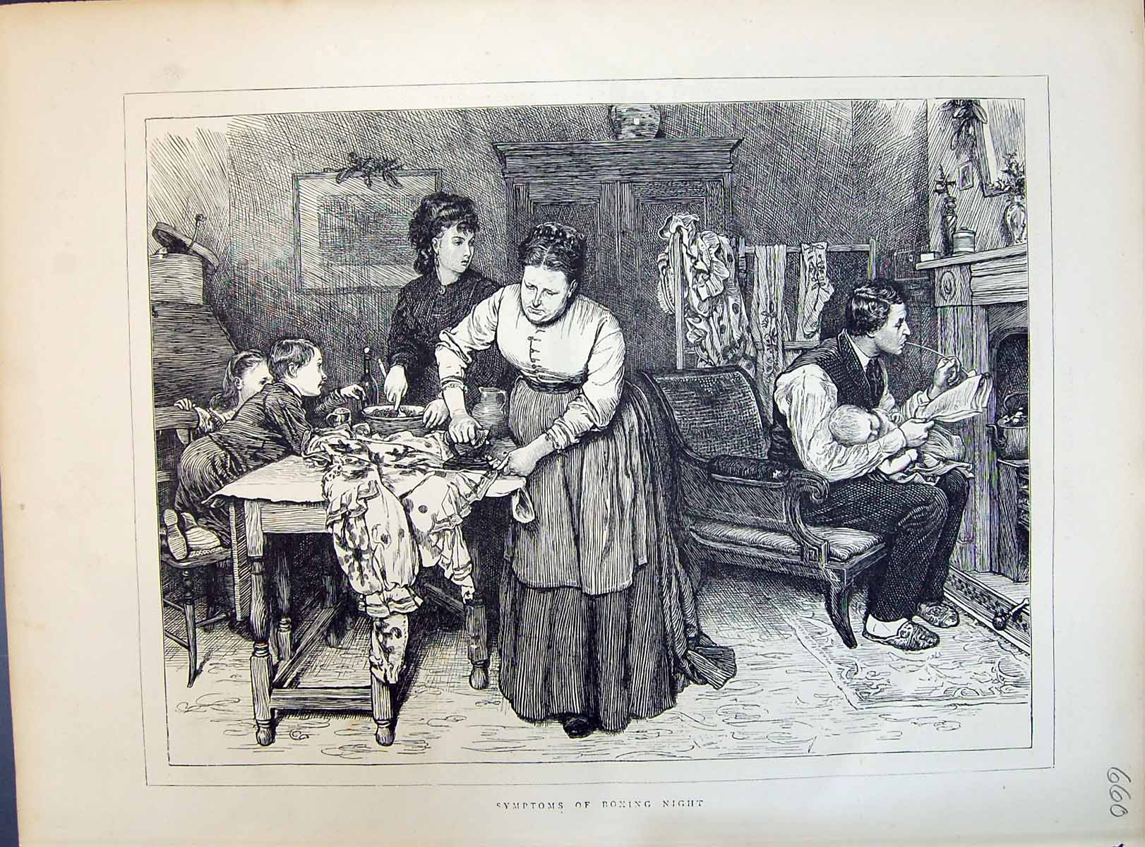 Old 1871 Symptoms Boxing Night Christmas Family Home Man Smoking Pipe Victorian