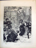 Original Old Antique Print 1871 Snow Battle Snowball Fight Winter Amusements