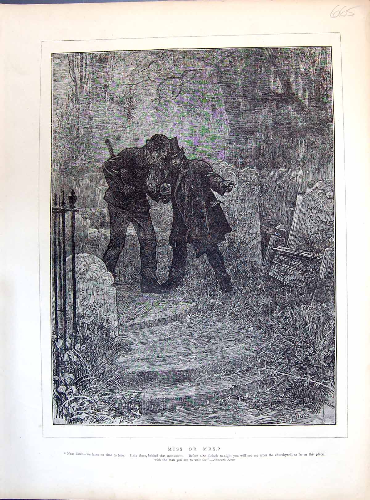 Original Old Antique Print 1871 Miss Or Mrs Scene Churchyard Graves Men 19th