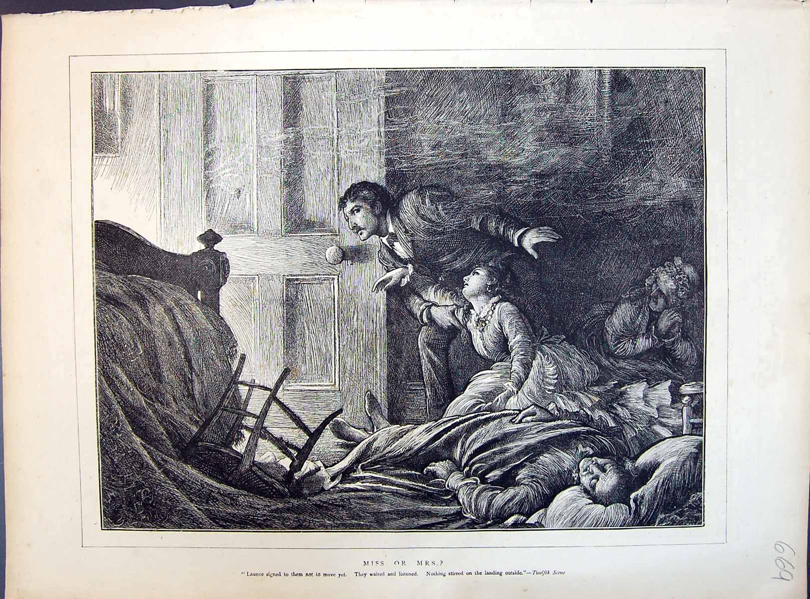 Original Old Antique Print 1871 Miss Mrs Launce Theatre Scene House Fire Rescue