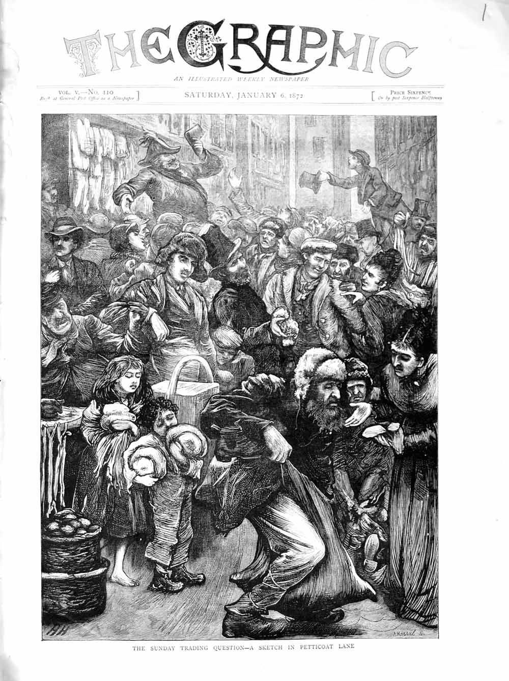 Original Old Antique Print 1872 Sketch Petticoat Lane London Sunday Trading