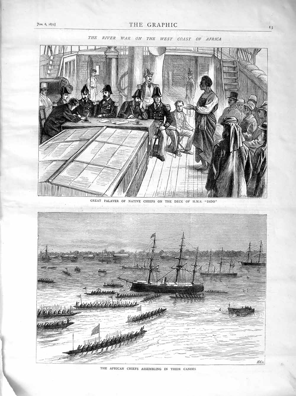 Original Old Antique Print 1872 Native Chiefs Ship H.M.S Dido African Canoes