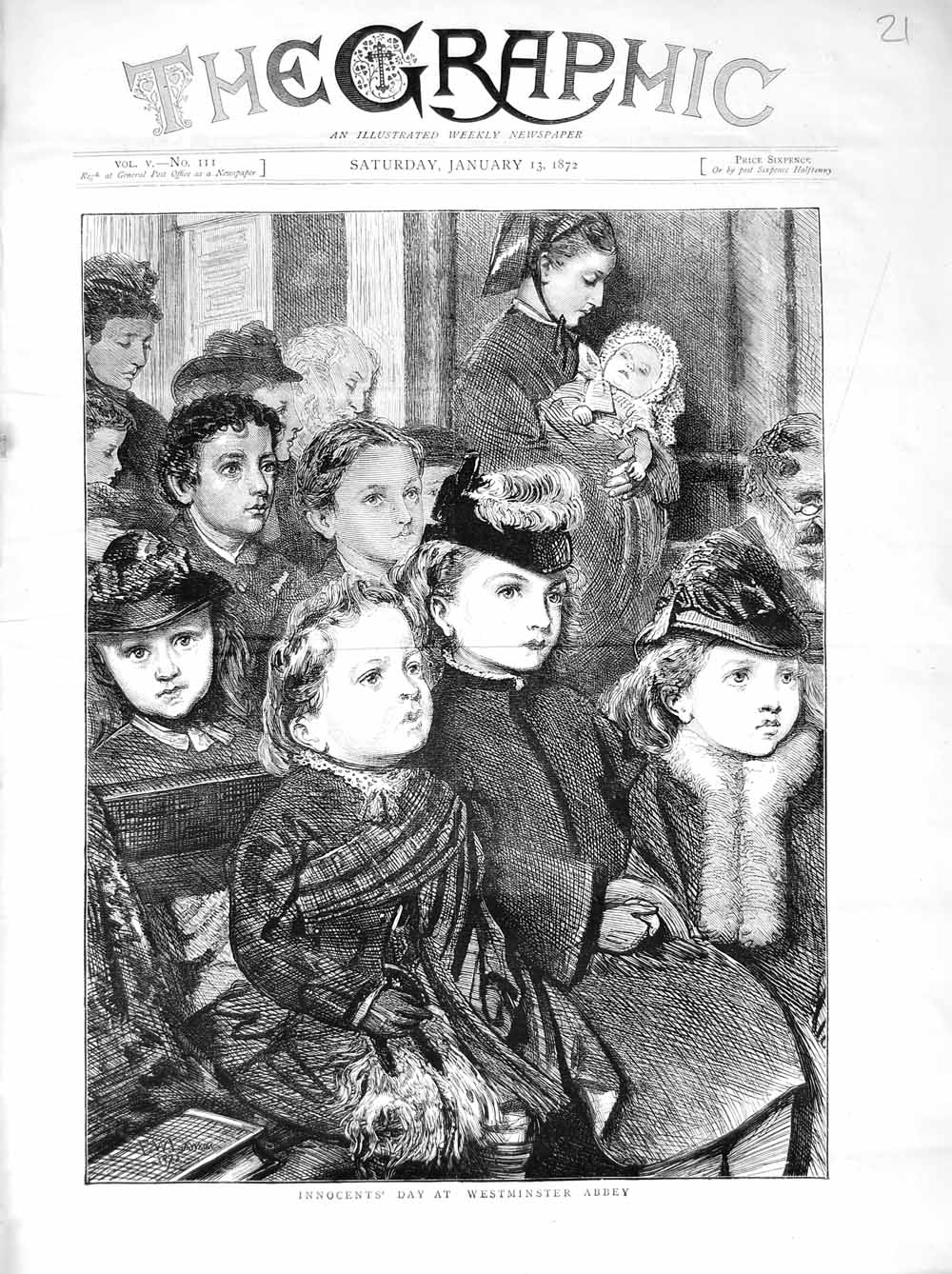 Original Old Antique Print 1872 Innocents Day Westminster Abbey London Children