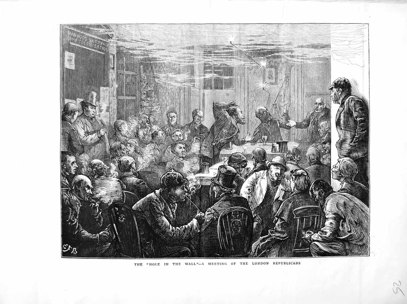 Original Old Antique Print 1872 Meeting London Republicans Men Tables Chairs