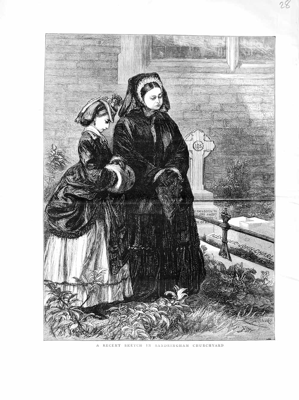 Original Old Antique Print 1872 Sandringham Churchyard Ladies Grave Alexander