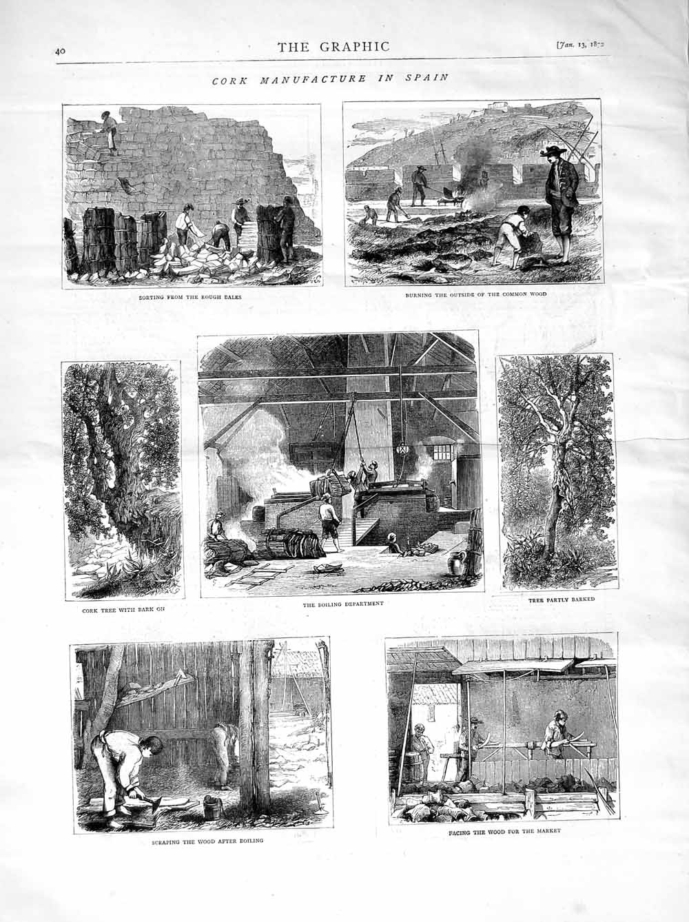Original Old Antique Print 1872 Cork Manufacture Spain Tree Wood Industry Bark