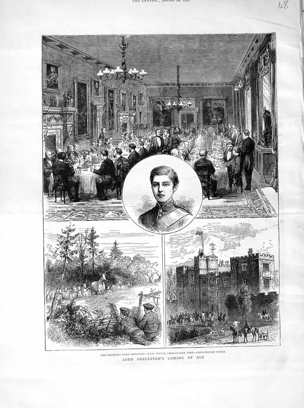 Old Antique Print 1872 Lord Ossulston Wild Cattle Chillingham Park Castle 19th